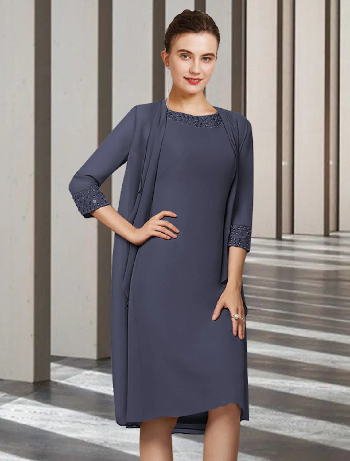Wholesale Two Piece Sheath / Column Mother of the Bride Dress Elegant Jewel Neck Knee Length Chiffon Sleeveless with Beading